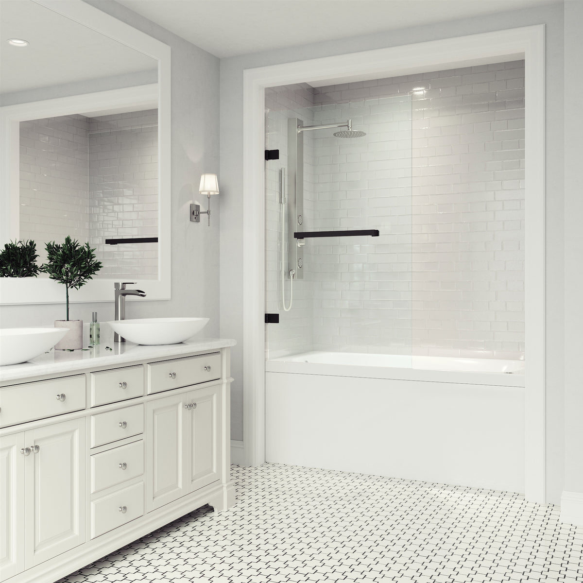 Rialto 34 in. W x 58 in. H Hinged Frameless Tub Door in Matte Black with 5/16 in. (8mm) Clear Glass and Cass 3-Piece Bath Hardware Set