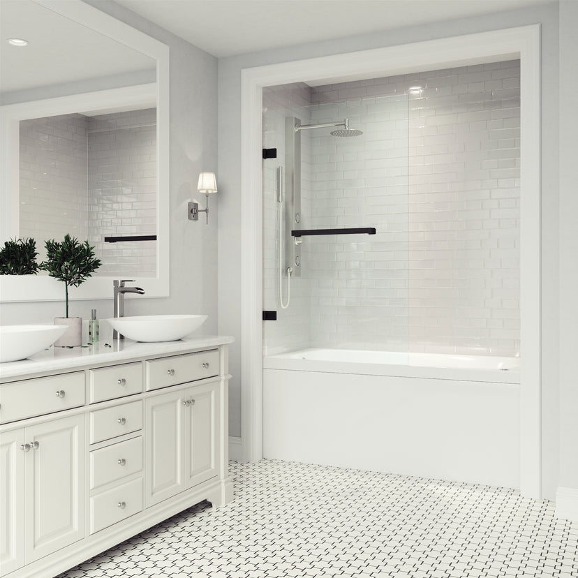 Rialto 34 in. W x 58 in. H Hinged Frameless Tub Door in Matte Black with 5/16 in. (8mm) Clear Glass and Cass 3-Piece Bath Hardware Set