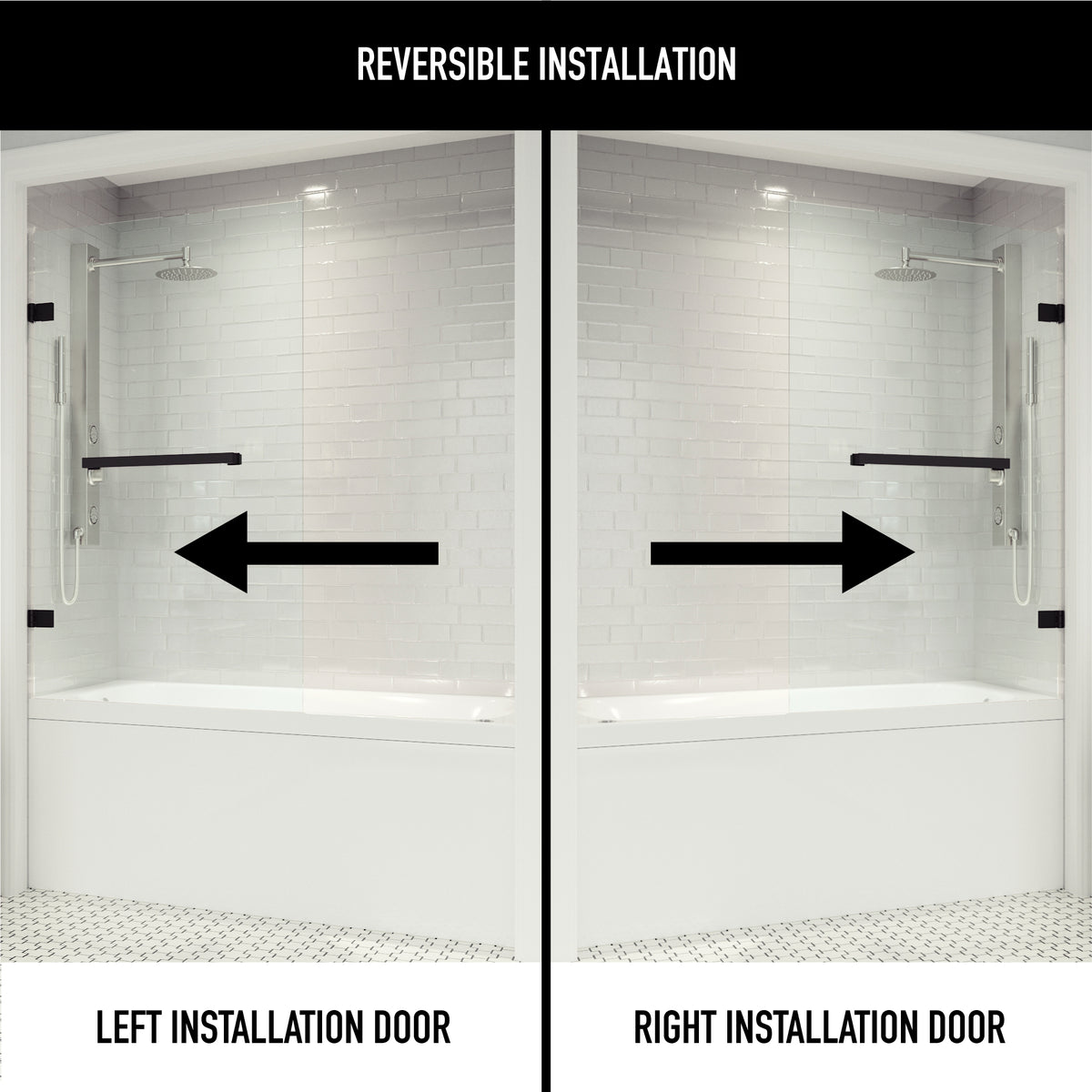 Rialto 34 in. W x 58 in. H Hinged Frameless Tub Door in Matte Black with 5/16 in. (8mm) Clear Glass and Cass 3-Piece Bath Hardware Set