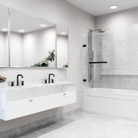 Rialto 34 in. W x 58 in. H Hinged Frameless Tub Door in Matte Black with 5/16 in. (8mm) Clear Glass and Cass 3-Piece Bath Hardware Set