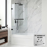 Rialto 34 in. W x 58 in. H Hinged Frameless Tub Door in Matte Black with 5/16 in. (8mm) Clear Glass and Cass 4-Piece Bath Hardware Set