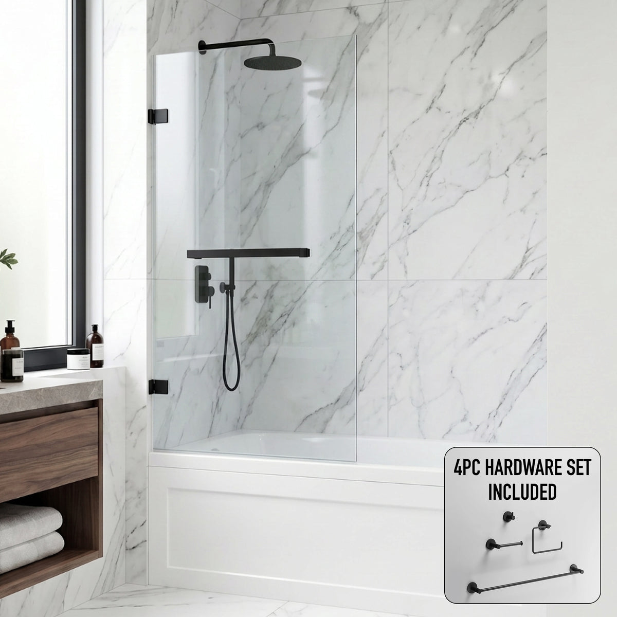 Rialto 34 in. W x 58 in. H Hinged Frameless Tub Door in Matte Black with 5/16 in. (8mm) Clear Glass and Cass 4-Piece Bath Hardware Set
