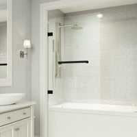 Rialto 34 in. W x 58 in. H Hinged Frameless Tub Door in Matte Black with 5/16 in. (8mm) Clear Glass and Cass 4-Piece Bath Hardware Set