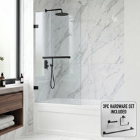 Rialto 34 in. W x 58 in. H Hinged Frameless Tub Door in Matte Black with 5/16 in. (8mm) Clear Glass and Arden 3-Piece Bath Hardware Set