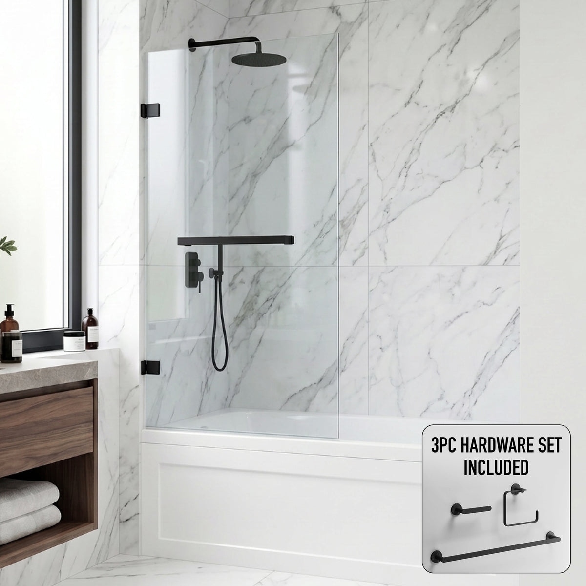 Rialto 34 in. W x 58 in. H Hinged Frameless Tub Door in Matte Black with 5/16 in. (8mm) Clear Glass and Arden 3-Piece Bath Hardware Set