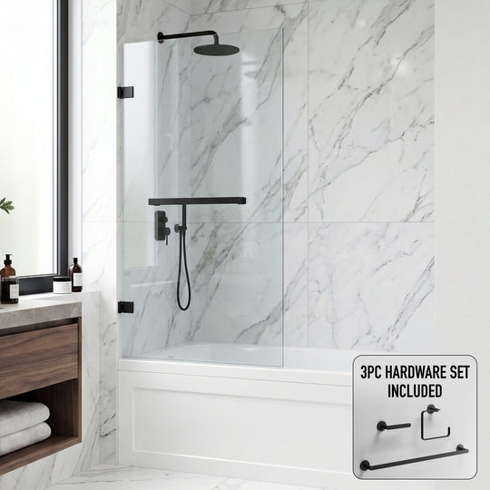 Rialto 34 in. W x 58 in. H Hinged Frameless Tub Door in Matte Black with 5/16 in. (8mm) Clear Glass and Arden 3-Piece Bath Hardware Set
