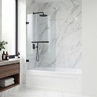 Rialto 34 in. W x 58 in. H Hinged Frameless Tub Door in Matte Black with 5/16 in. (8mm) Clear Glass and Arden 3-Piece Bath Hardware Set