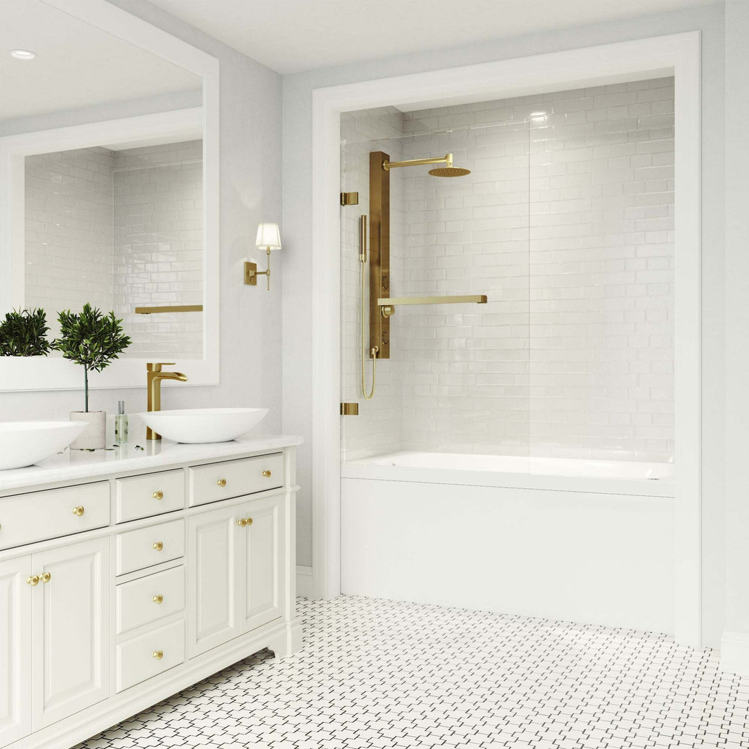 Matte brushed gold frameless hinged tub door with clear tempered glass