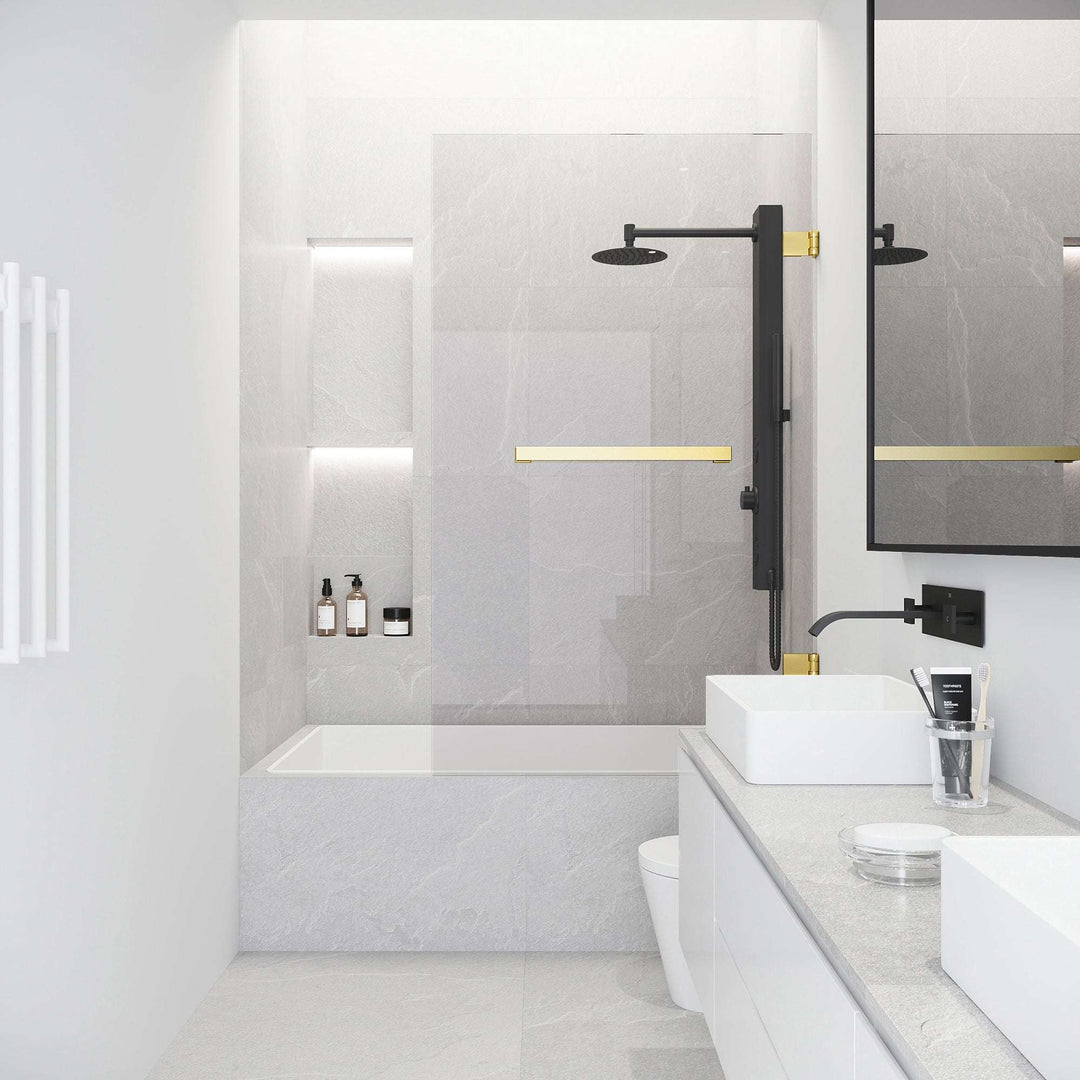 Clear glass tub door with matte brushed gold frame and left or right handle