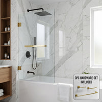 Rialto 34 in. W x 58 in. H Frameless Hinged Tub Door and Satro 3-Piece Bath Hardware Set in Matte Brushed Gold
