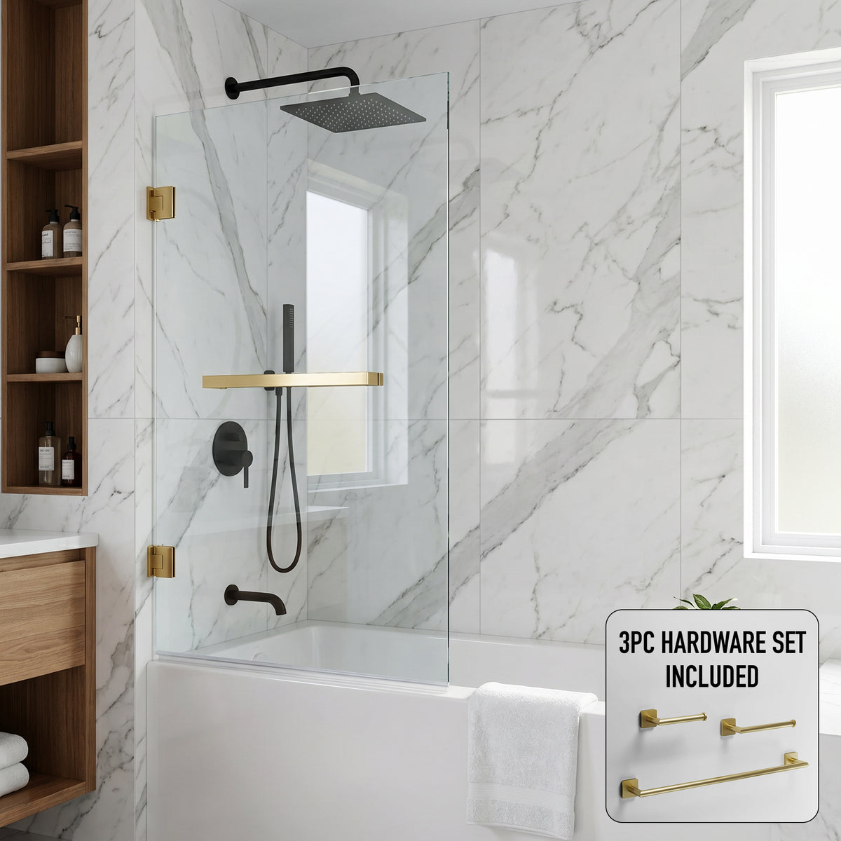 Rialto 34 in. W x 58 in. H Frameless Hinged Tub Door and Satro 3-Piece Bath Hardware Set in Matte Brushed Gold