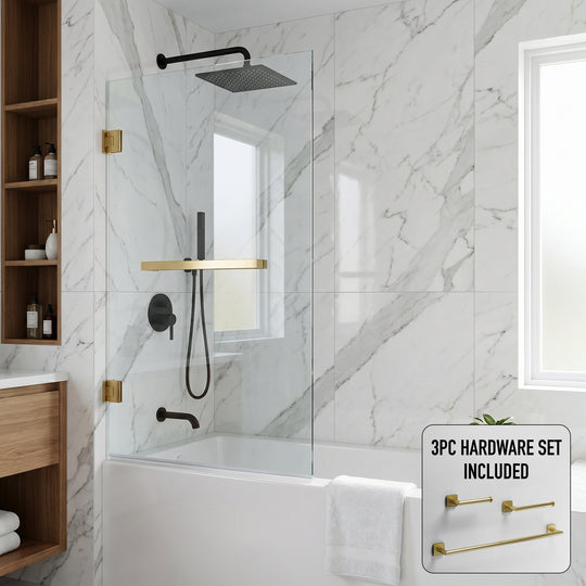 Rialto 34 in. W x 58 in. H Frameless Hinged Tub Door and Satro 3-Piece Bath Hardware Set in Matte Brushed Gold