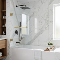 Rialto 34 in. W x 58 in. H Frameless Hinged Tub Door and Satro 3-Piece Bath Hardware Set in Matte Brushed Gold