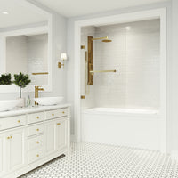 Rialto 34 in. W x 58 in. H Frameless Hinged Tub Door and Satro 3-Piece Bath Hardware Set in Matte Brushed Gold