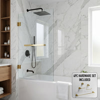 Rialto 34 in. W x 58 in. H Frameless Hinged Tub Door and Meridian 4-Piece Bath Hardware Set in Matte Brushed Gold