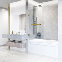Rialto 34 in. W x 58 in. H Frameless Hinged Tub Door and Meridian 4-Piece Bath Hardware Set in Matte Brushed Gold