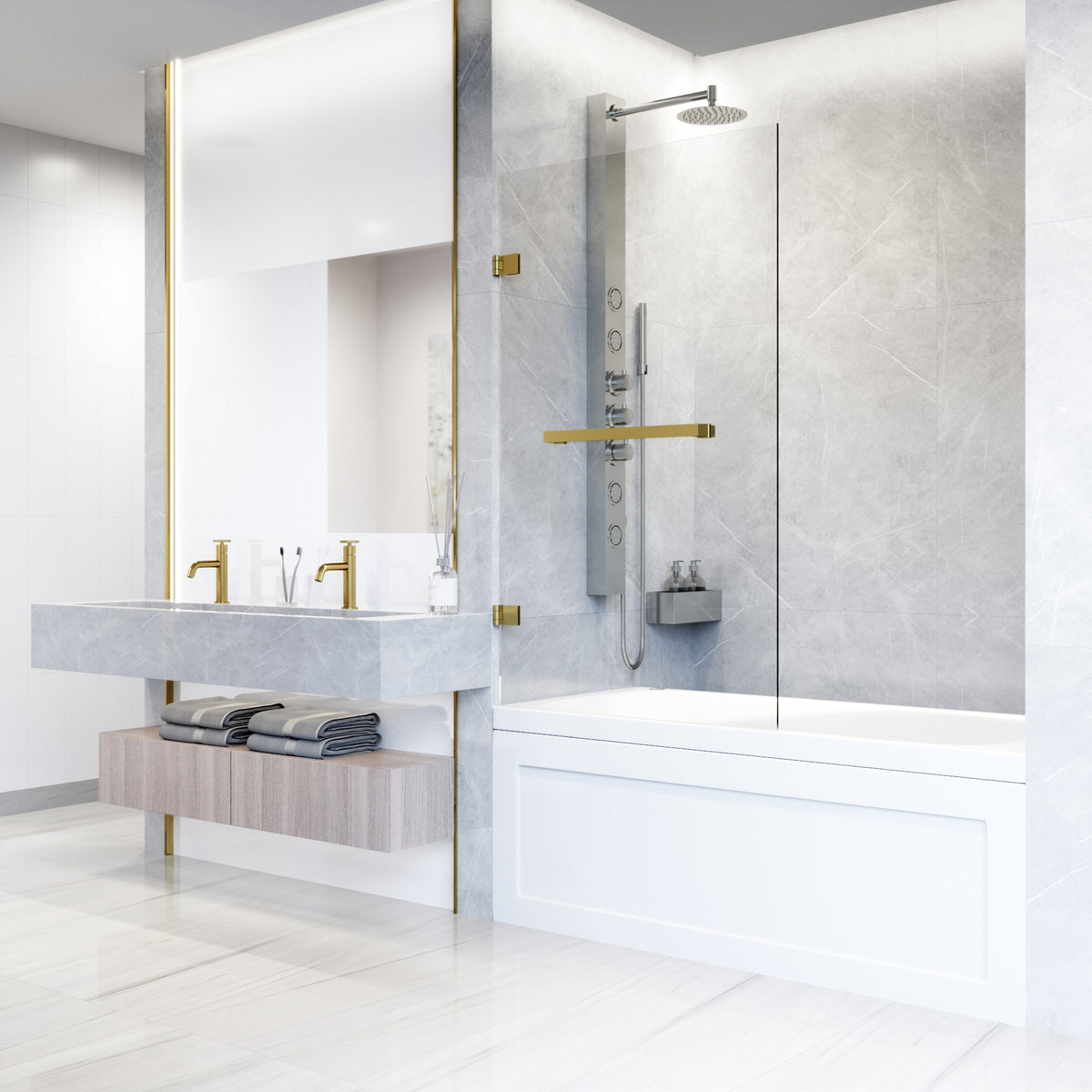 Rialto 34 in. W x 58 in. H Frameless Hinged Tub Door and Meridian 4-Piece Bath Hardware Set in Matte Brushed Gold