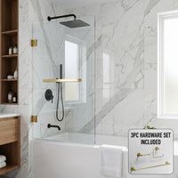 Rialto 34 in. W x 58 in. H Hinged Frameless Tub Door in Matte Brushed Gold with 5/16 in. (8mm) Clear Glass and Cass 3-Piece Bath Hardware Set