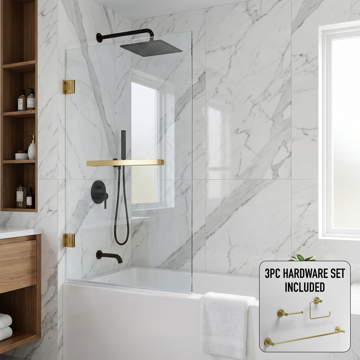 Rialto 34 in. W x 58 in. H Hinged Frameless Tub Door in Matte Brushed Gold with 5/16 in. (8mm) Clear Glass and Cass 3-Piece Bath Hardware Set