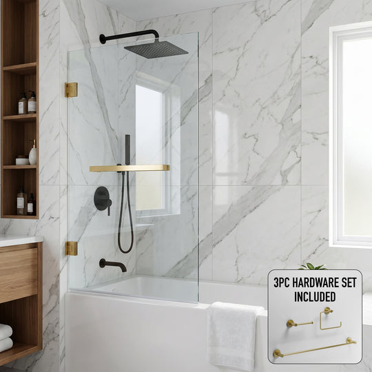 Rialto 34 in. W x 58 in. H Hinged Frameless Tub Door in Matte Brushed Gold with 5/16 in. (8mm) Clear Glass and Cass 3-Piece Bath Hardware Set