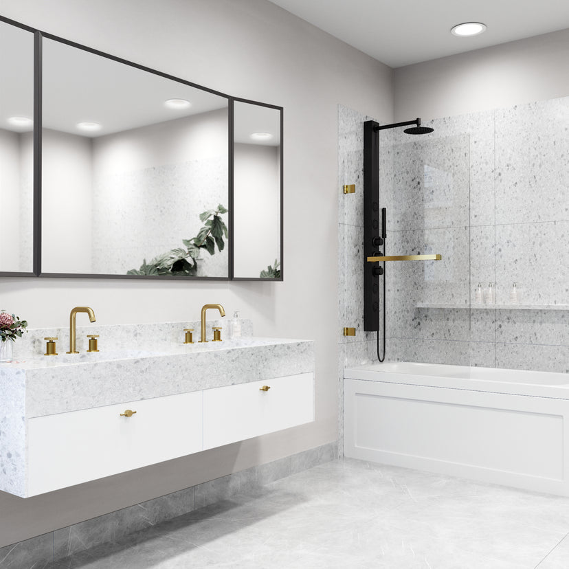 Rialto 34 in. W x 58 in. H Hinged Frameless Tub Door in Matte Brushed Gold with 5/16 in. (8mm) Clear Glass and Cass 3-Piece Bath Hardware Set
