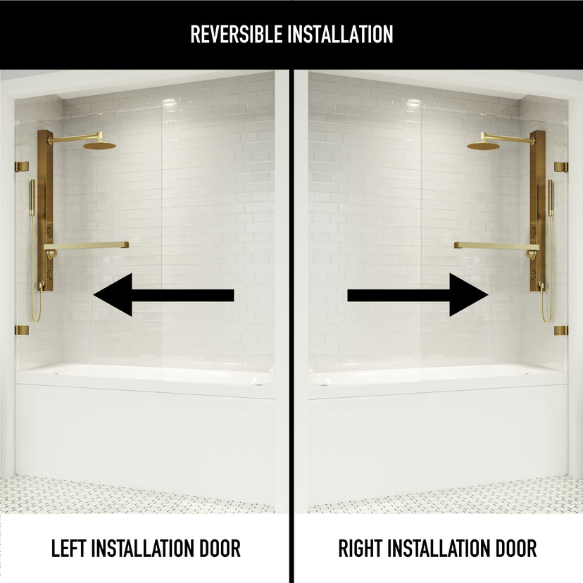 Rialto 34 in. W x 58 in. H Hinged Frameless Tub Door in Matte Brushed Gold with 5/16 in. (8mm) Clear Glass and Cass 3-Piece Bath Hardware Set