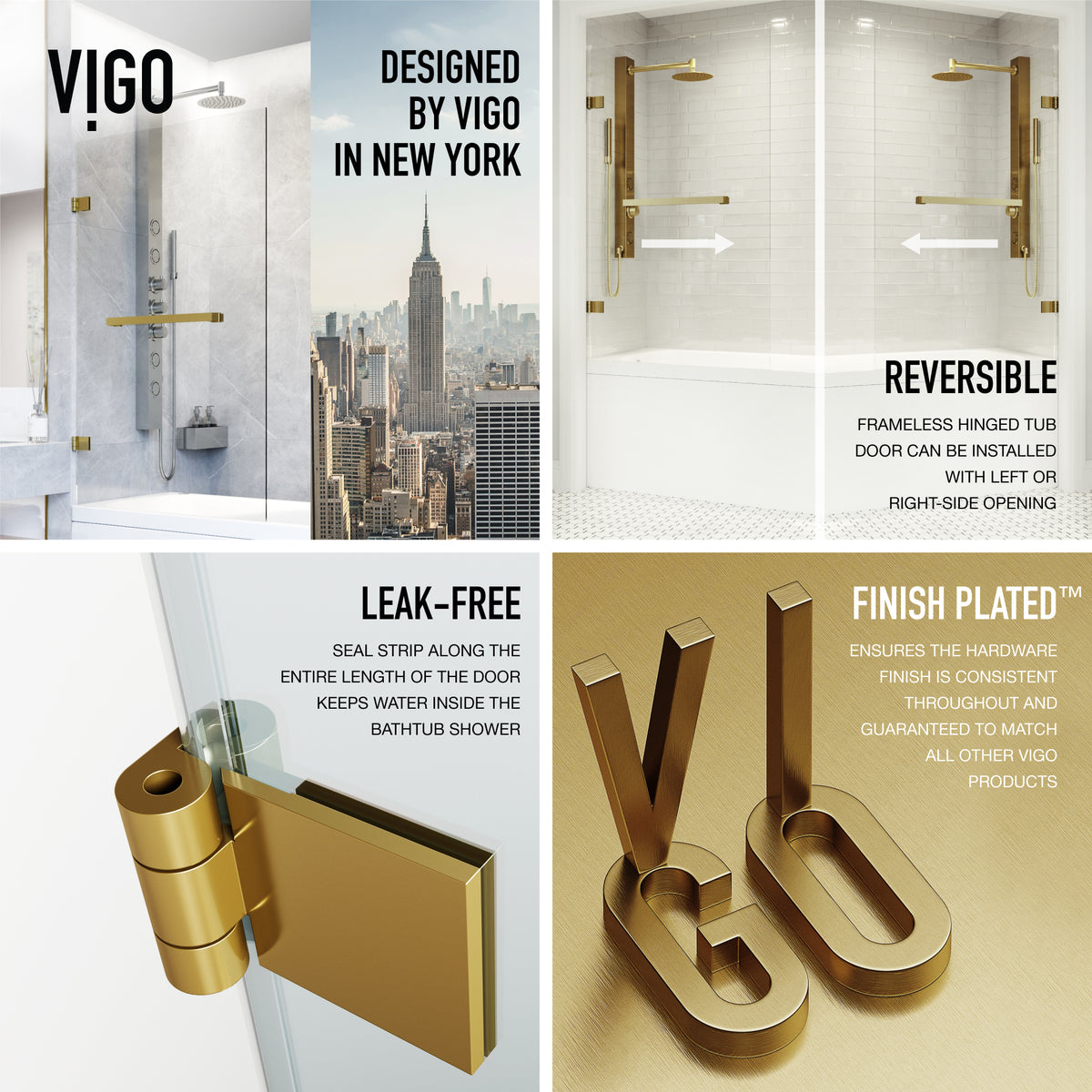 Rialto 34 in. W x 58 in. H Hinged Frameless Tub Door in Matte Brushed Gold with 5/16 in. (8mm) Clear Glass and Cass 3-Piece Bath Hardware Set