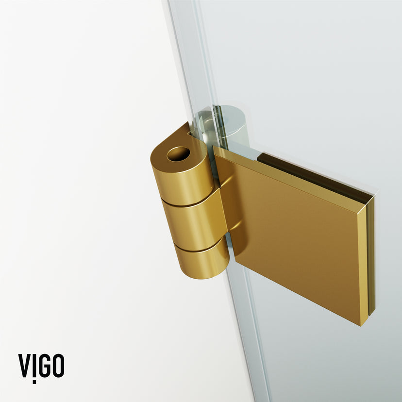 Rialto 34 in. W x 58 in. H Hinged Frameless Tub Door in Matte Brushed Gold with 5/16 in. (8mm) Clear Glass and Cass 3-Piece Bath Hardware Set