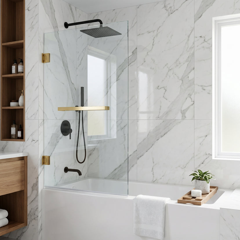 Rialto 34 in. W x 58 in. H Hinged Frameless Tub Door in Matte Brushed Gold with 5/16 in. (8mm) Clear Glass and Cass 3-Piece Bath Hardware Set