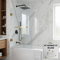 Rialto 34 in. W x 58 in. H Hinged Frameless Tub Door in Matte Brushed Gold with 5/16 in. (8mm) Clear Glass and Cass 4-Piece Bath Hardware Set