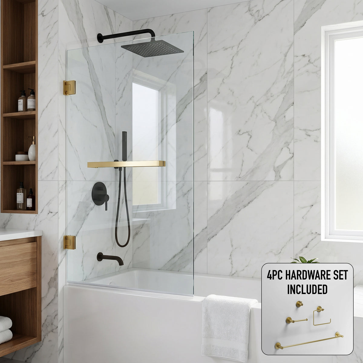 Rialto 34 in. W x 58 in. H Hinged Frameless Tub Door in Matte Brushed Gold with 5/16 in. (8mm) Clear Glass and Cass 4-Piece Bath Hardware Set