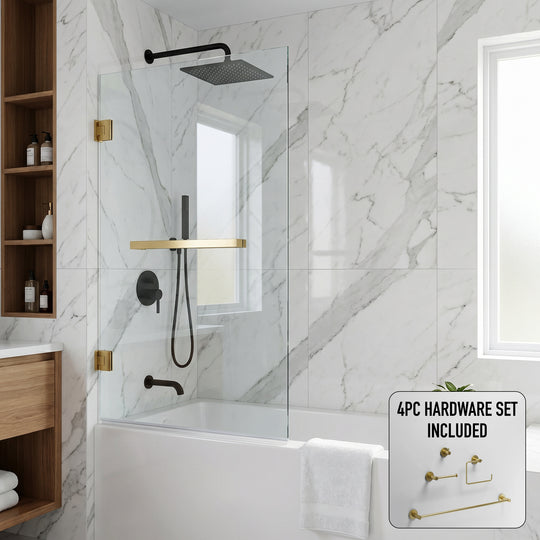 Rialto 34 in. W x 58 in. H Hinged Frameless Tub Door in Matte Brushed Gold with 5/16 in. (8mm) Clear Glass and Cass 4-Piece Bath Hardware Set