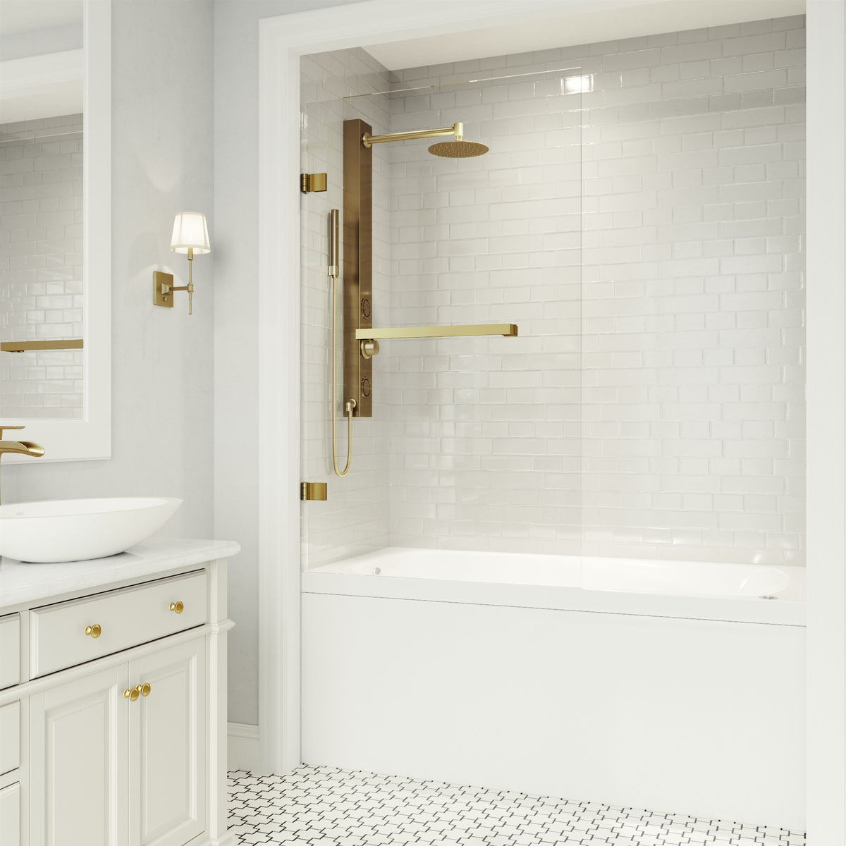Rialto 34 in. W x 58 in. H Hinged Frameless Tub Door in Matte Brushed Gold with 5/16 in. (8mm) Clear Glass and Cass 4-Piece Bath Hardware Set