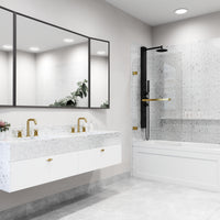 Rialto 34 in. W x 58 in. H Hinged Frameless Tub Door in Matte Brushed Gold with 5/16 in. (8mm) Clear Glass and Cass 4-Piece Bath Hardware Set