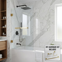 Rialto 34 in. W x 58 in. H Hinged Frameless Tub Door in Matte Brushed Gold with 5/16 in. (8mm) Clear Glass and Arden 3-Piece Bath Hardware Set