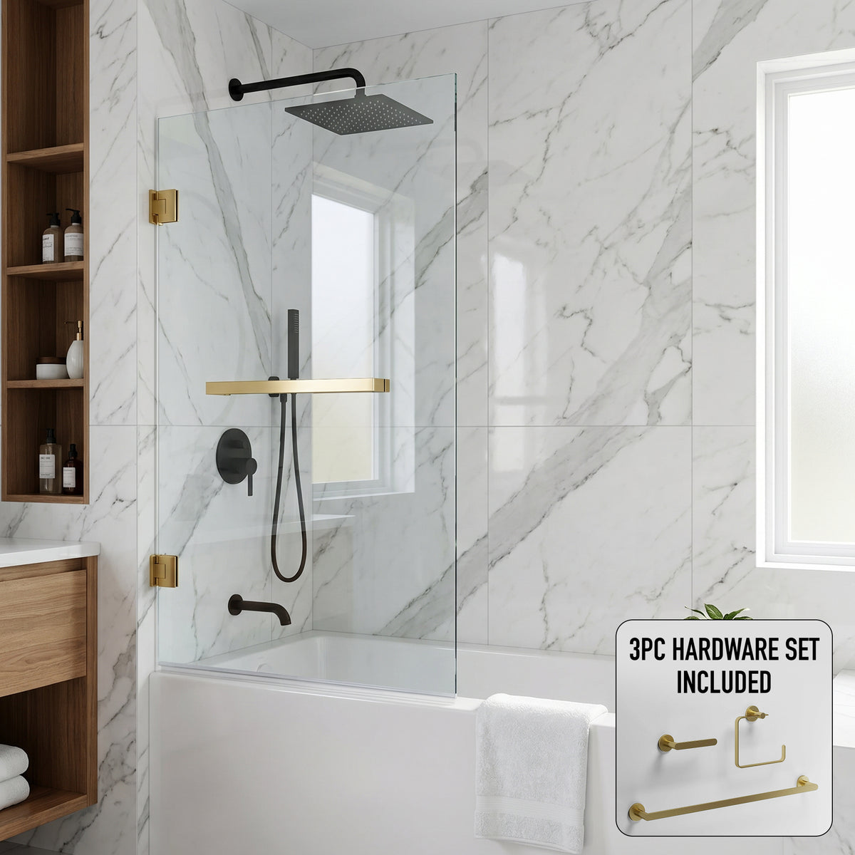 Rialto 34 in. W x 58 in. H Hinged Frameless Tub Door in Matte Brushed Gold with 5/16 in. (8mm) Clear Glass and Arden 3-Piece Bath Hardware Set