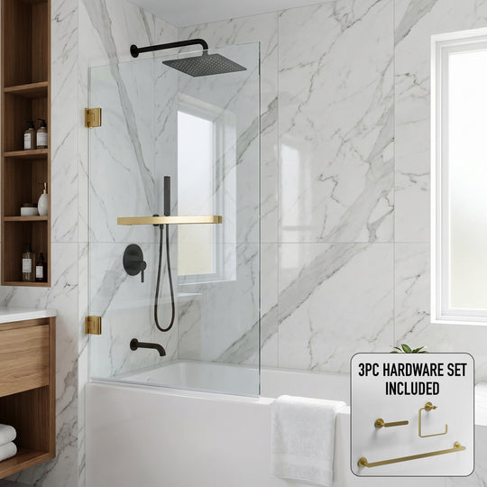 Rialto 34 in. W x 58 in. H Hinged Frameless Tub Door in Matte Brushed Gold with 5/16 in. (8mm) Clear Glass and Arden 3-Piece Bath Hardware Set