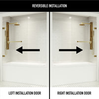 Rialto 34 in. W x 58 in. H Hinged Frameless Tub Door in Matte Brushed Gold with 5/16 in. (8mm) Clear Glass and Arden 3-Piece Bath Hardware Set