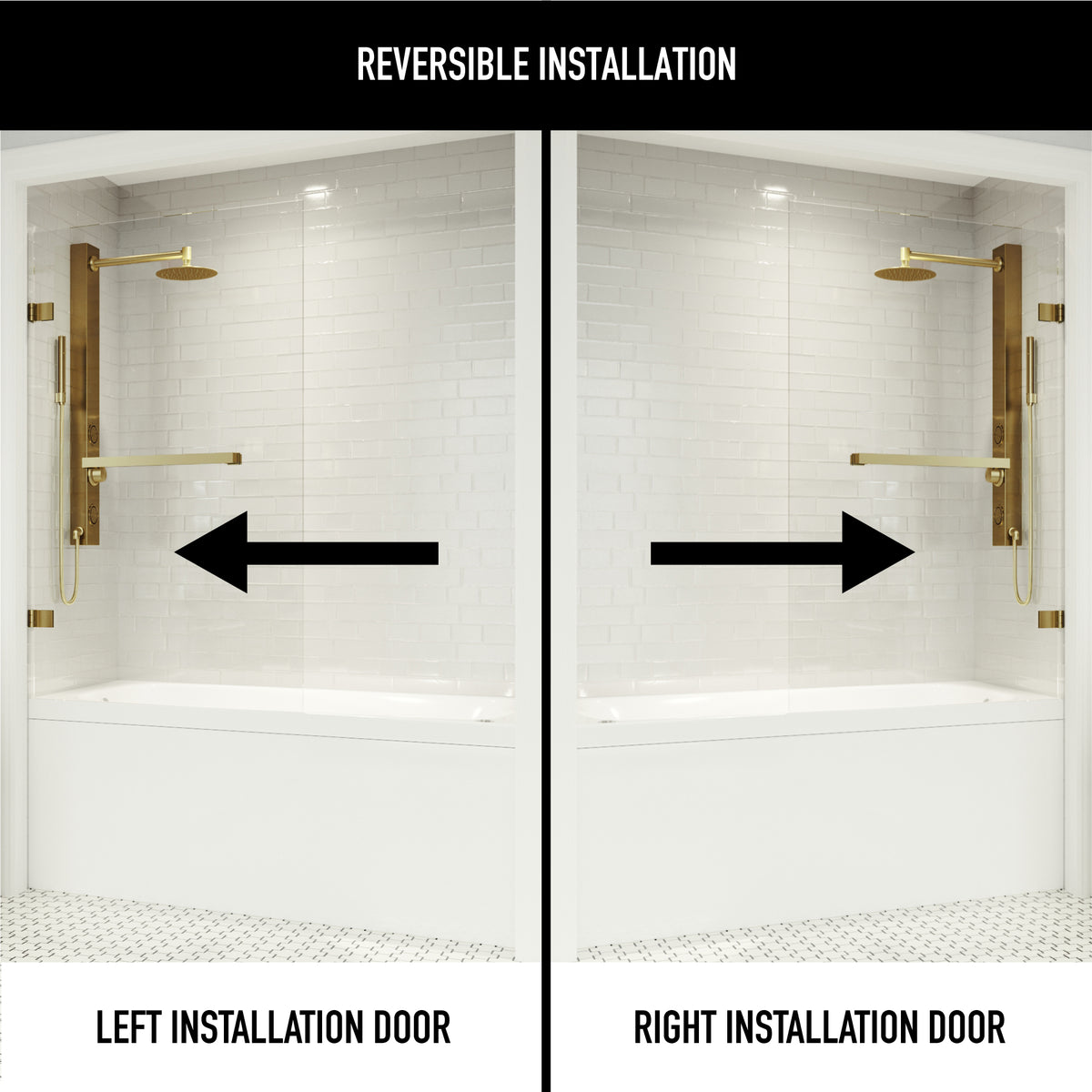 Rialto 34 in. W x 58 in. H Hinged Frameless Tub Door in Matte Brushed Gold with 5/16 in. (8mm) Clear Glass and Arden 3-Piece Bath Hardware Set