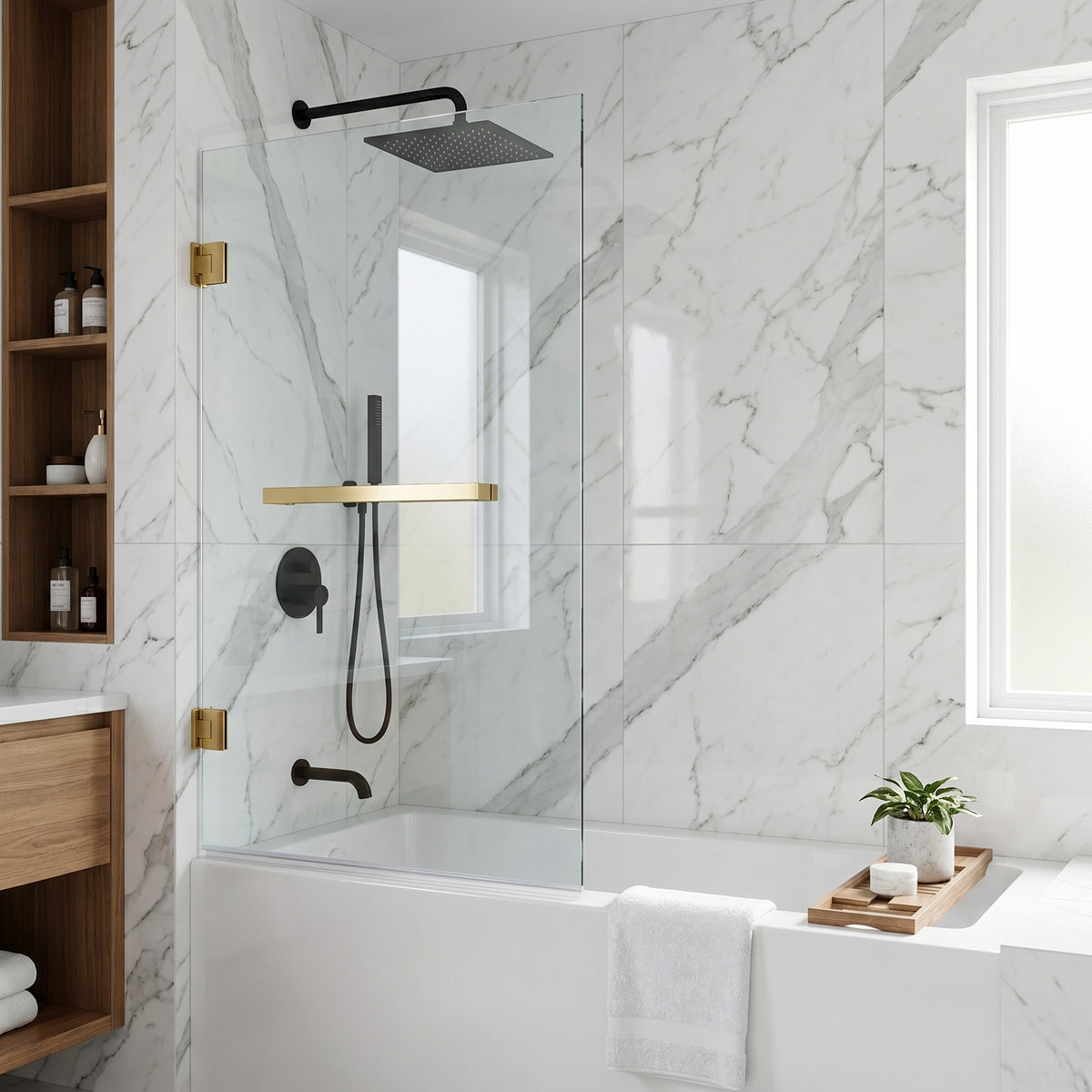 Rialto 34 in. W x 58 in. H Hinged Frameless Tub Door in Matte Brushed Gold with 5/16 in. (8mm) Clear Glass and Arden 3-Piece Bath Hardware Set