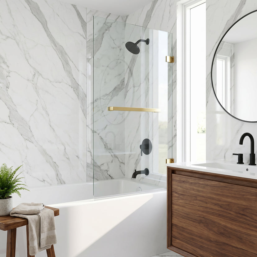 Rialto 34 in. W x 58 in. H Hinged Frameless Tub Door in Matte Brushed Gold with 5/16 in. (8mm) Clear Glass and Arden 3-Piece Bath Hardware Set