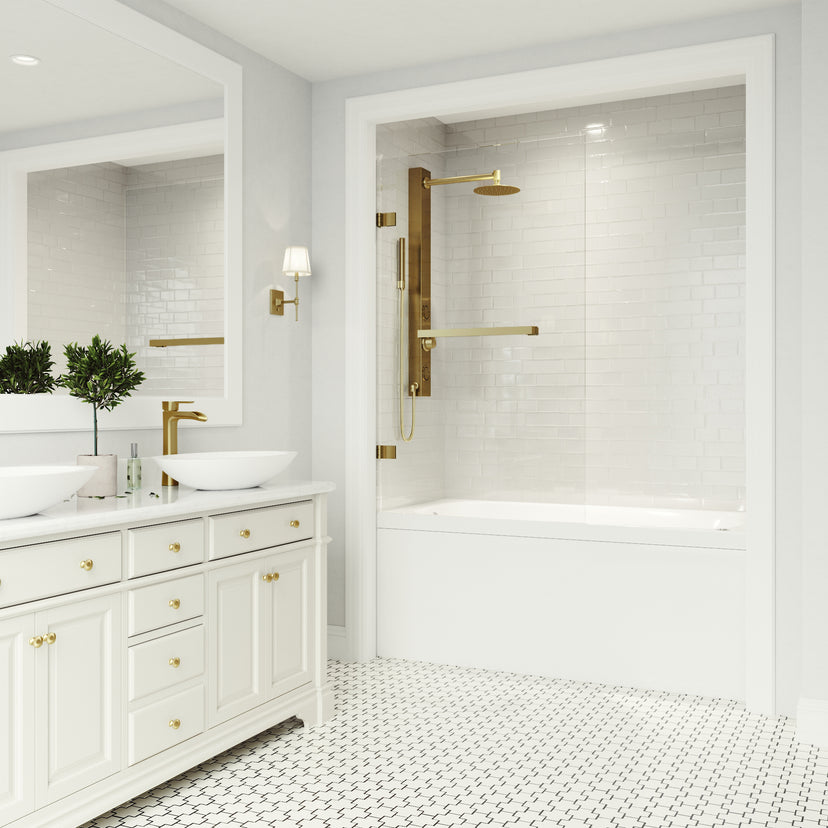 Rialto 34 in. W x 58 in. H Hinged Frameless Tub Door in Matte Brushed Gold with 5/16 in. (8mm) Clear Glass and Arden 3-Piece Bath Hardware Set