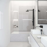 Frameless tub door with stainless steel finish and seal-through technology
