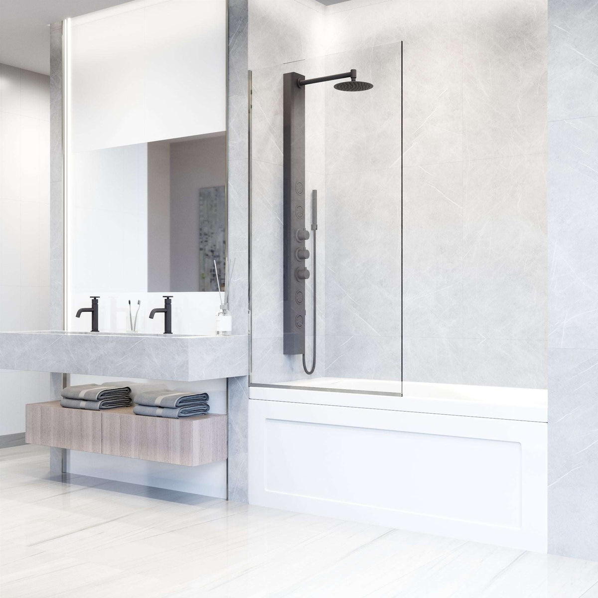 Modern frameless shower screen in chrome finish with clear glass and reversible door