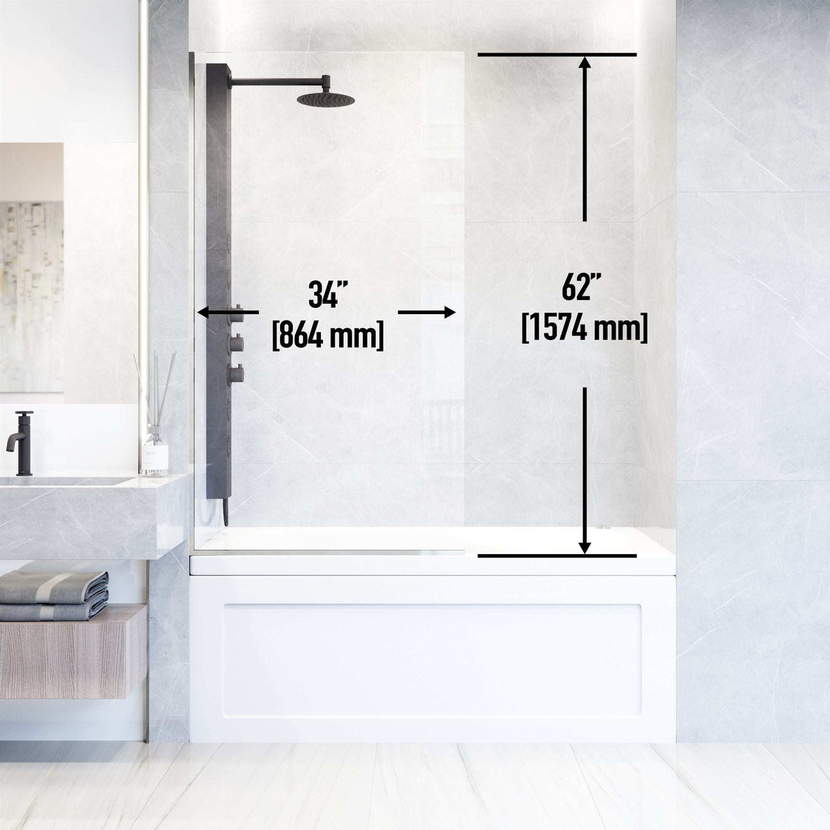 Chrome finished fixed bathtub screen with clear tempered glass and included mounting hardware