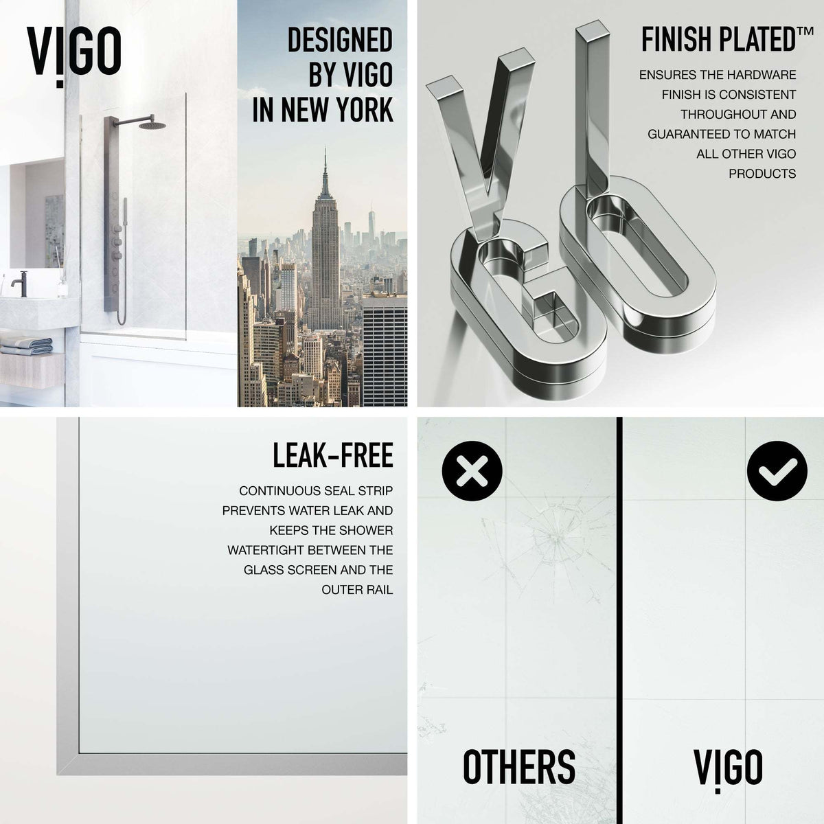 62-inch frameless shower screen with chrome frame and clear glass, reversible installation