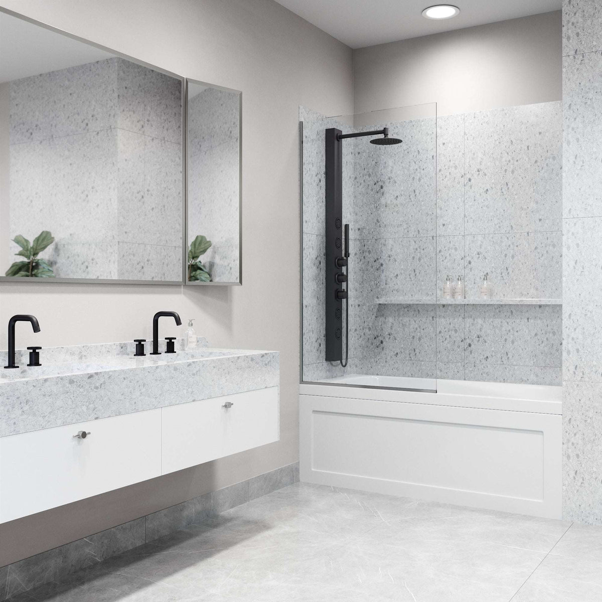 Fixed screen bathtub enclosure with chrome finish, clear tempered glass, and stainless steel hardware