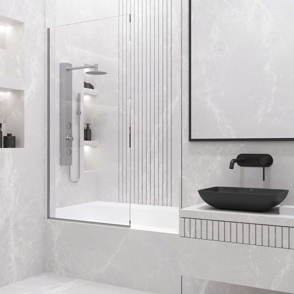 VIGO Meridian Zenith 34 x 62 in. Semi-Framed Fixed Tub Screen with Clear/Fluted Tempered Glass