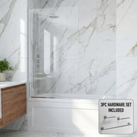 Zenith 34 in. W x 62 in. H Frameless Fixed Tub Screen in Chrome with 3/8 in. (10mm) Clear Glass and Satro 3-Piece Bath Hardware Set