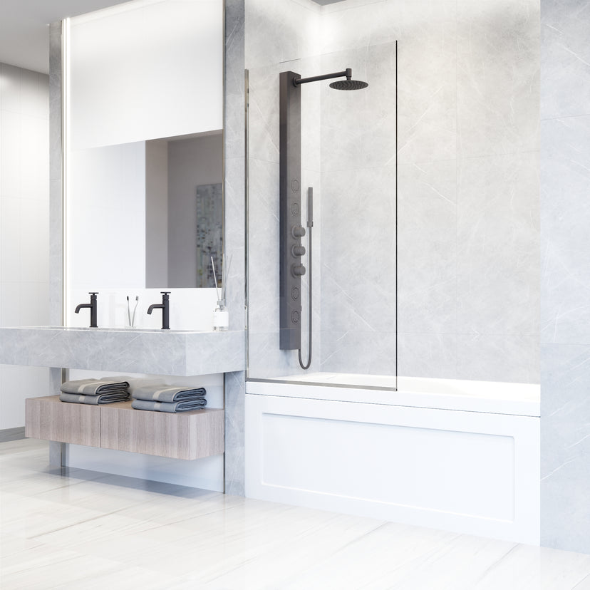 Zenith 34 in. W x 62 in. H Frameless Fixed Tub Screen in Chrome with 3/8 in. (10mm) Clear Glass and Satro 3-Piece Bath Hardware Set